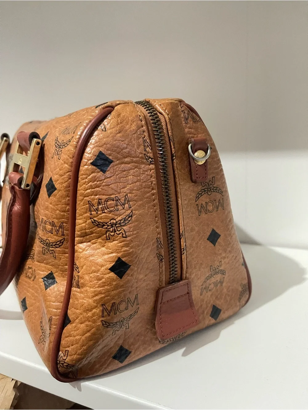 MCM Cognac Logo Visetos Satchel with Brown Leather Trim
